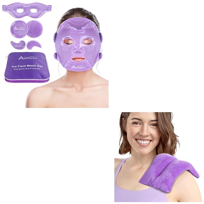 Atsuwell Cooling Ice Face Eye Mask Set for Dark Circles and Puffiness, 6 x 11 Heating Pad Microwavable for Cramps, Neck and Shoulders, Knee, Moist Heat Pack for Warm Compress, Purple