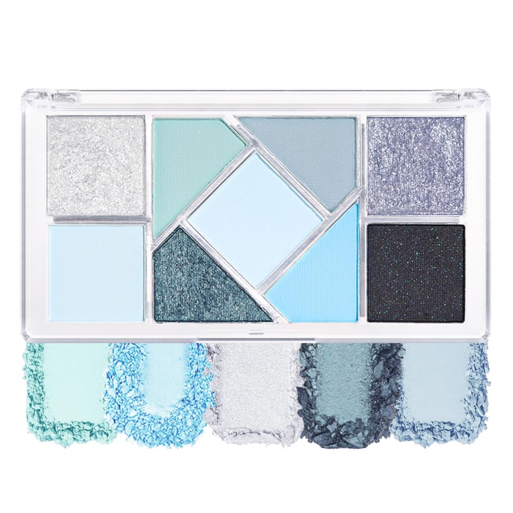 Matte Blue Shimmer Eye Shadow Palette Makeup,Eyeshadow Long Lasting Waterproof Cruelty-Free, 9 Blendable Shades in Smooth Matte and Shimmer Finishes with Gorgeous Pearls for Woman