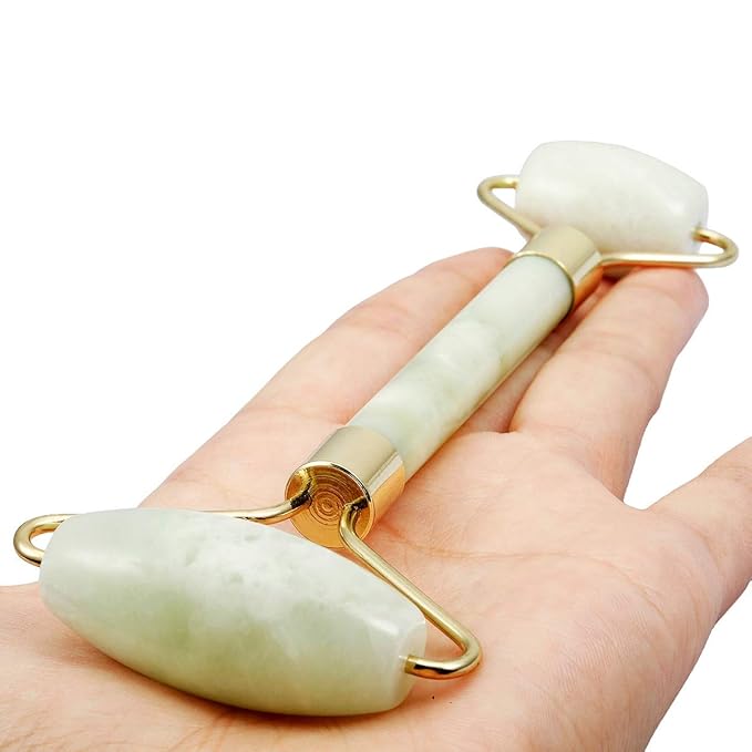 rockcloud Natural Crystal Stone Roller Massager Double Neck Face & Neck Massage Therapy Anti-Aging Wrinkle Healing Slimming Skincare Tool, Xiuyan Jade