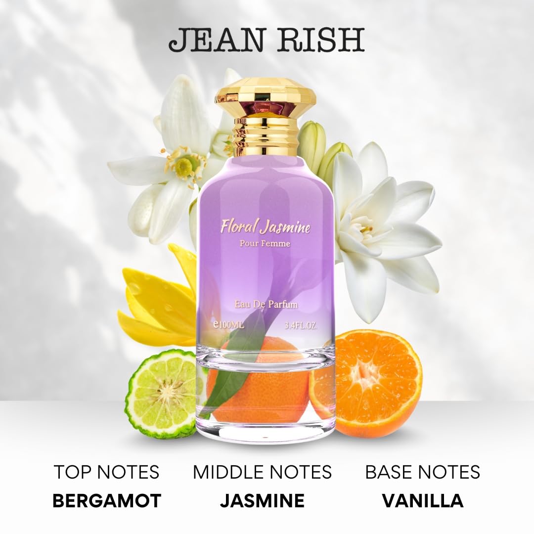 Jean Rish Floral Jasmine Perfume for Women, Eau De Parfum (3.4 Fl Oz / 100ml) with Bergamot, Floral Jasmine & Vanilla Notes - Long Lasting and Luxury Fragrance, Made in USA