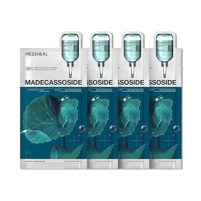 Mediheal Madecassoside Essential Sheet Mask Blemish Repair 4 pcs. 98% Purity Madecassoside & Hyaluronic Acid Included. Enhancing Moisture Barrier & Skin Texture Care. Vegan Formula Sheet Mask