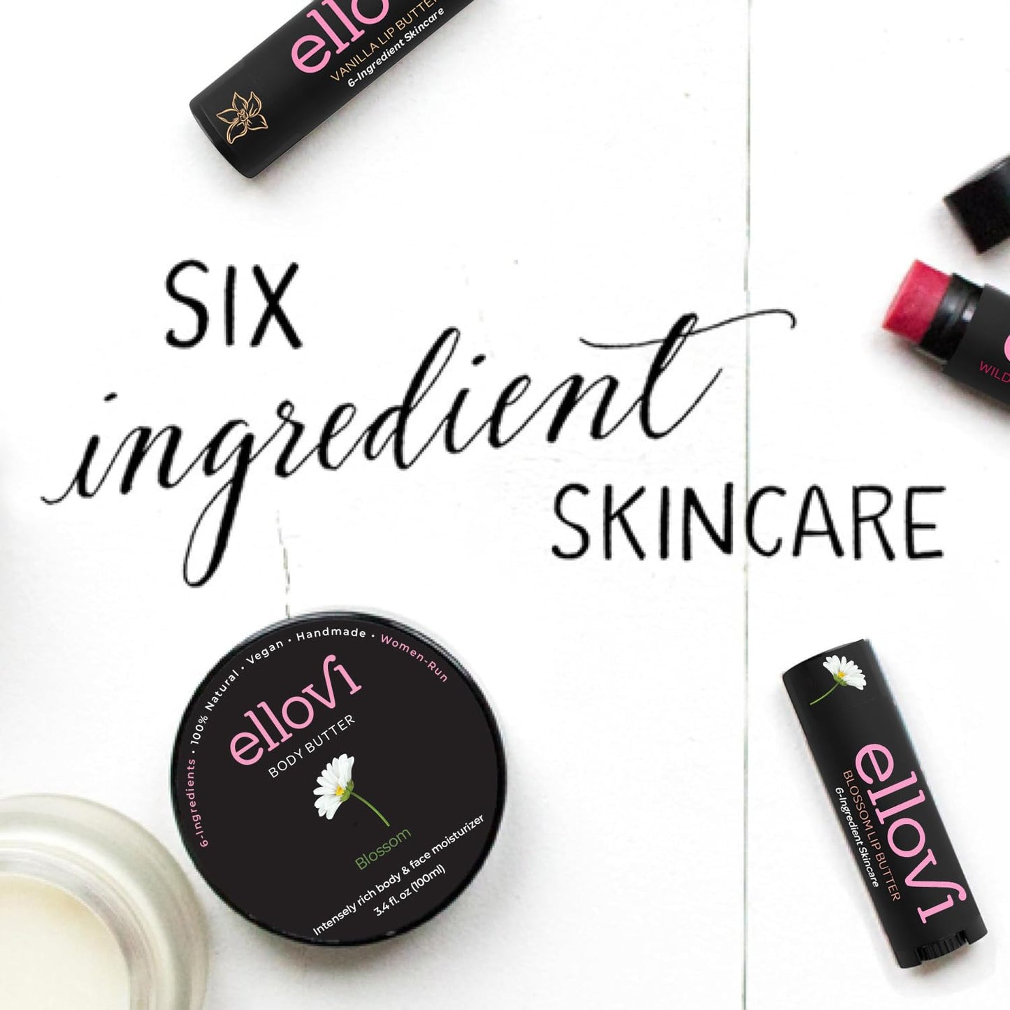 Ellovi Natural Lip Butter Lip Balm - Blossom - Pure Enough to Eat - Made With Just 6 Vegan Ingredients - Moisturizing Lip Care for All Day Hydration (Single)