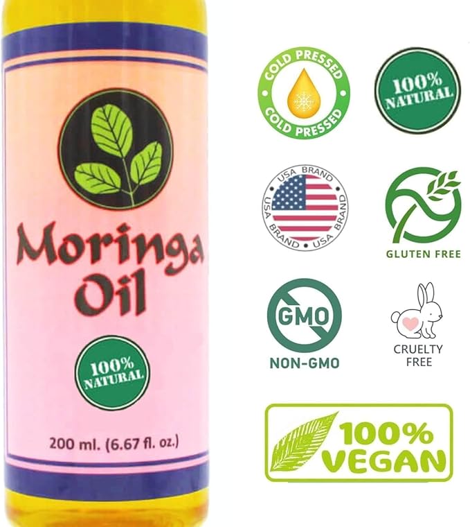 Moringa Oil 6.67 oz – Natural Face, Hair & Body Oil, 100% Pure, Cold-Pressed & Unrefined Moringa Seed Oil, Gluten-Free, Non-GMO, Vegan (200 ml)