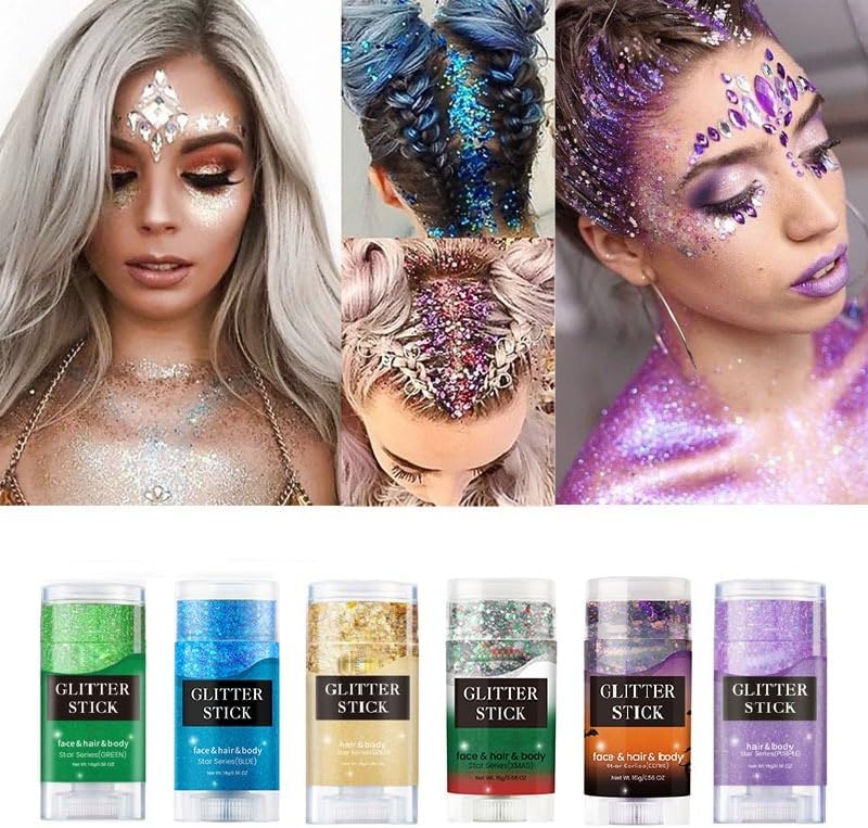 Face and Body Glitter Stick, Sparkly Chunky Hair Glitter Makeup, Holographic Sparkling Neon Outfit Singer Concert Music Rave Festival Party Accessories Glitter Gel. (Red & White & Green)