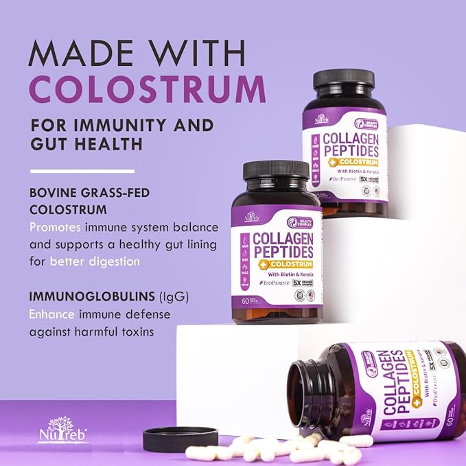 Collagen Peptides for Women with Colostrum, Biotin and Keratin - Type I, II, III, V, X - 5X Higher Absorption - Hair Skin and Nails Vitamins - Collagen for Women - Collagen Pills - 60 Capsules
