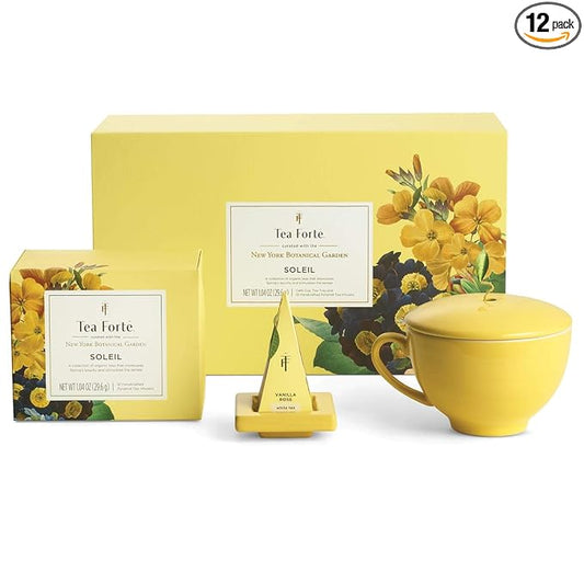 Tea Forte Soleil 3-Piece Mother's Day Tea Gift Set with Yellow Cafe Cup with Lid, Tea Tray and 10 Assorted 2 of Each Variety Organic Handcrafted Pyramid Infuser Tea Bags