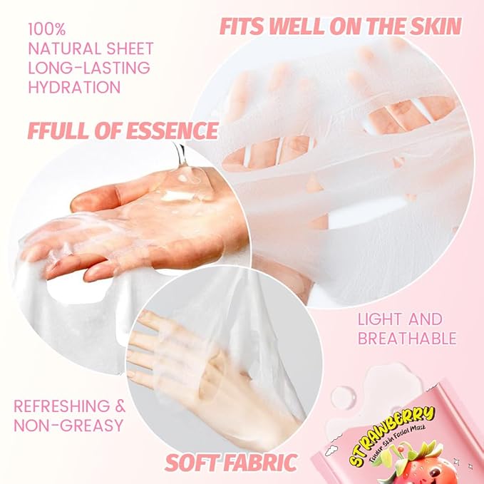 8 Pack Strawberry Fruit Face Masks for Kids,Hydrating Spa Face Mask For Sensitive Skin,Moisturize,Soothing,Nourish for All Skin Types,Natural Skin Care Spa Face Mask for Women Men Girls