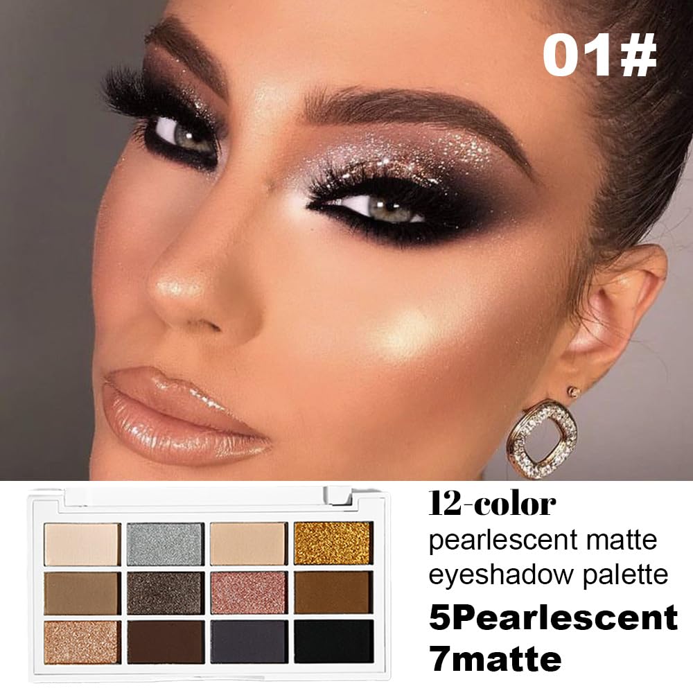 12 Colors Matte Shimmer Pressed Eye Shadow Palette - Beige Light Nude Brown Cocoa Taupe Black Smoky, Silver Bronze Gold Rose Champagne, Vegan Cruelty-Free, for Women Pro Makeup Looks