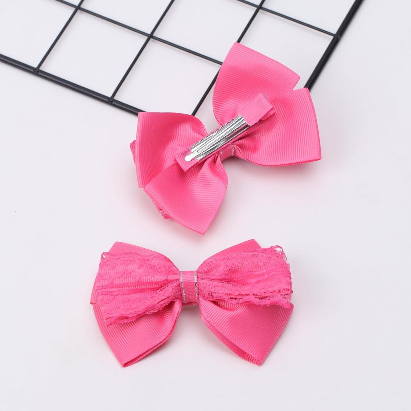 4-Inch Hair Bows Alligator Clips Delicate Lace Hair Accessories for Girls, Toddler, Kids and Women Daily Dress Up Birthday Wedding Christmas Occasions- Set of 2 (Hot Pink)