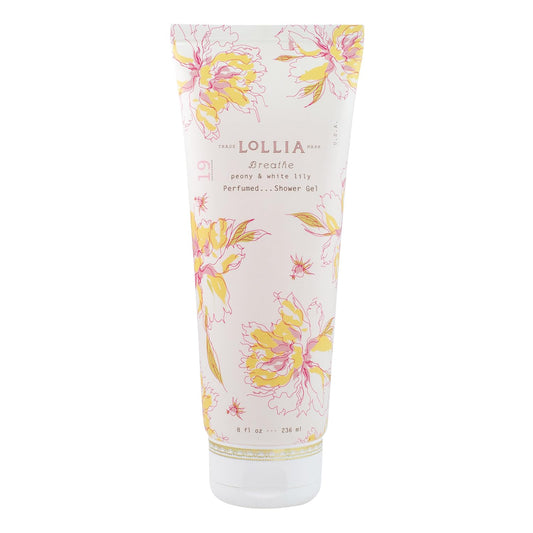 LOLLIA Breathe Shower Gel, 8 fl oz, Peony & White Lily, Luxury Shea Moisture Hydrating Women's Body Wash, Delicate & Relaxing Scented Bath Soap for Self Care