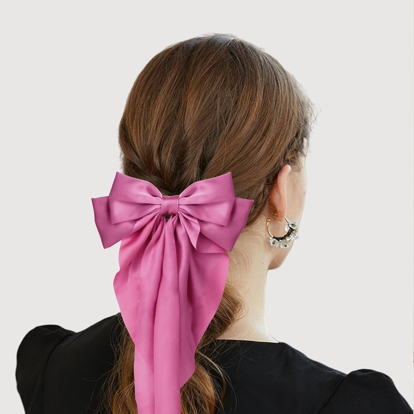 Silky Satin Hair Bows for Women Girls - 4PCS Ribbon Bows for Hair, Big Bow Hair Clips with Long Tail, Barrettes - Cute Hair Accessories Gifts (Hot Pink, Light Pink, Royal Pink, Beige)