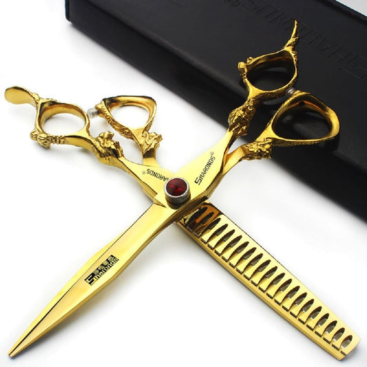 6 inch /7 inch salon professional salon scissors salon hairdresser hair cutting hairstyle pruning tools Japan 440c high hardness stainless steel golden (7 inch 2pc-B)