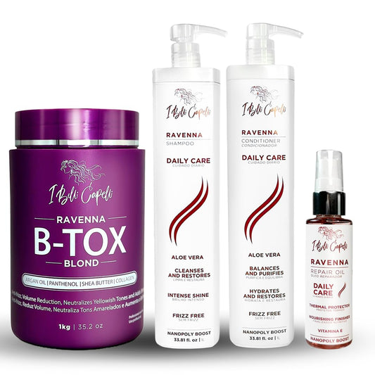 I Belli Capelli Ravenna Hair Straightening Kit – Blonde Hair B-tox, Aloe Vera Shampoo & Conditioner, Repair Oil – Anti-Frizz, Intense Hydration, Shine – Formaldehyde-Free – For Blonde Hair (4-Pack)