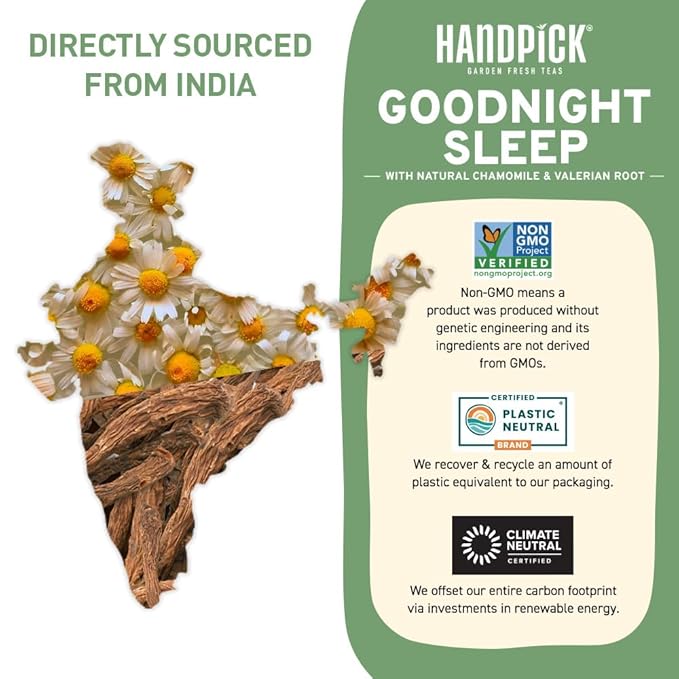 HANDPICK, Good Night Tea Bags (100 Count) Night Time Herbal Tea | Caffeine Free, Gluten Free | Floral Blend - Lavender, Chamomile, Peppermint | Natural Tea, Perfect for Bedtime