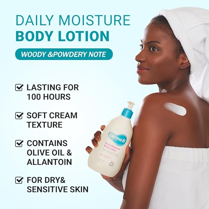 DERMA B | Daily Moisture Body Lotion | Body Cream for Dry Skin | Long-Lasting Body Moisturizer for Sensitive Skin | Woody & Powdery Scented | Skincare with Panthenol, Shea Butter | 13.5 fl oz (400ml)