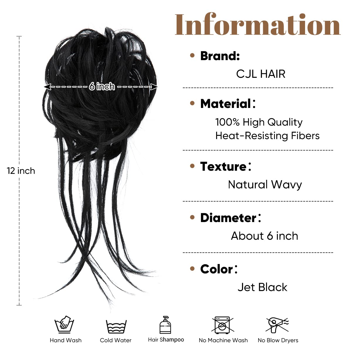 CJL HAIR Messy Bun Hair Piece Curly Hair Bun Extensions with Straight Tails Synthetic Hair Scrunchies Ponytail Hairpieces for Women Jet Black