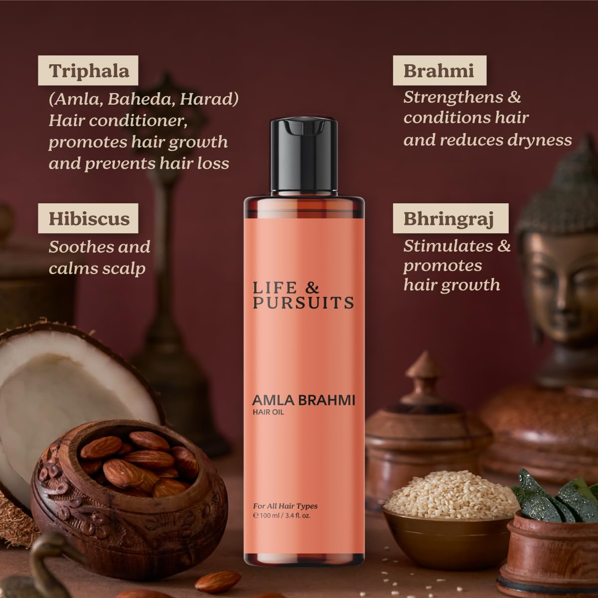 Life & Pursuits Amla Brahmi Oil for Hair and Scalp Nourishment - 3.4 Oz Natural Indian Ayurvedic Blend with Coconut, Castor, Sesame, Triphala, Gotukola for Healthy, Shiny Hair