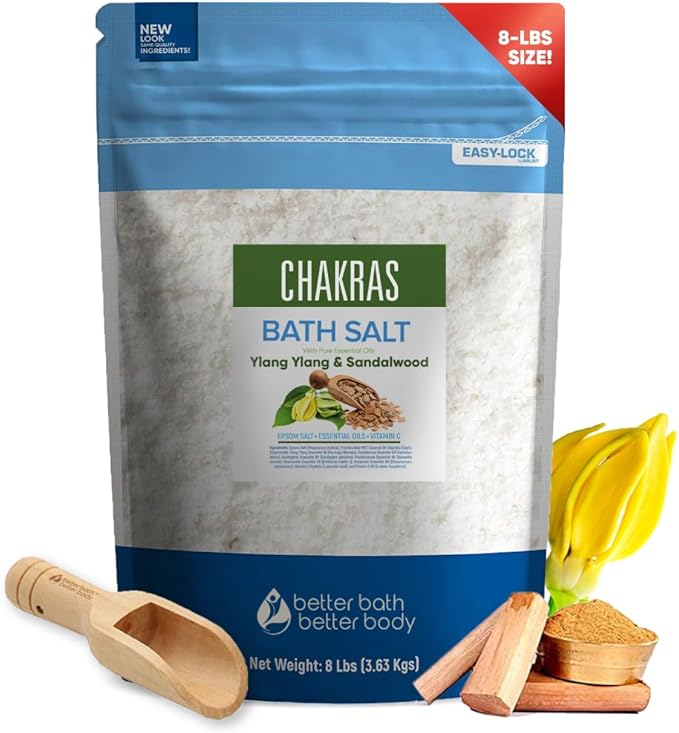 Chakras Bath Salt 128 Ounces (8 Lbs) Epsom Salt with Natural Ylang Ylang and Sandalwood Essential Oils Plus Vitamin C in BPA Free Pouch with Easy Press Lock Seal Made in USA
