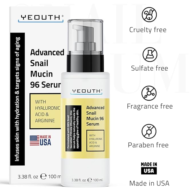 YEOUTH Snail Mucin Serum for Face, Hydrating Advanced Snail 96 Mucin Power Essence, Face Serum with Hyaluronic Acid, Lightweight, Fast-Absorbing & Non-Sticky 3.4 oz