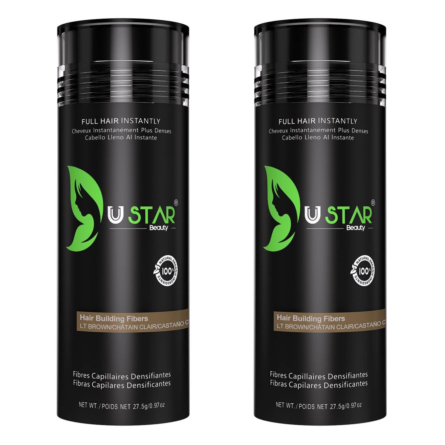 Ustar Hair Building Fibers for Thinning Hair 27.5g Conceals Hair Loss Instantly Thicker Fuller Look 9 Shades for Women & Men 2 Pack (Light Brown)