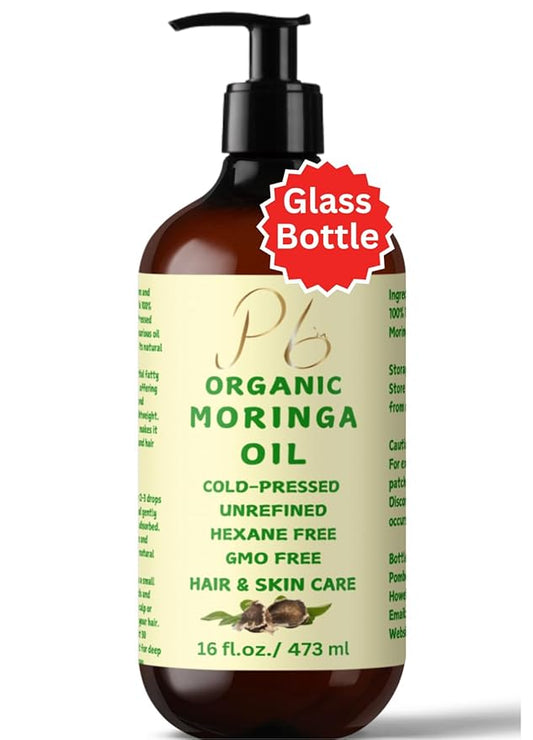 Organic Moringa Oil – 100% Pure & Cold-Pressed, Unrefined & Hydrating Oil for Face, Body & Hair – Nourishing Skin & Hair Moisturizer – 16 fl oz Glass Bottle with Pump