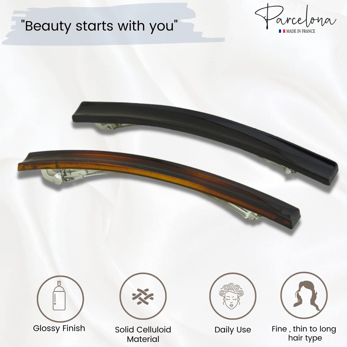 Parcelona French Long and Thin Large 4 1/4" Celluloid Automatic Hair Clip Barrette French Strong Hold Grip Hair Clips for Women No Slip Fashion Durable Styling Girls Hair Accessories, Made in France
