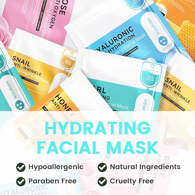 Variety Sheet Face Sheet Mask Skincare,Hydrating Spa Face Mask For Sensitive Skin,Moisturize,Nourish for All Skin Types,Natural Skin Care Spa Face Mask for Women Men Girls,Pack of 10