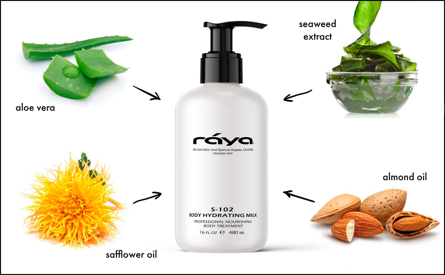 Raya Body Hydrating Milk 16 oz (S-102) | Hydrating, Moisturizing, and Restorative Body Lotion | Rich in Natural Oils, Butters, and Vitamins | Calms and Softens