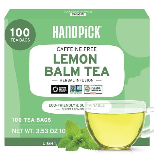 HANDPICK Lemon Balm Tea Bags – 100 Count | Caffeine-Free Herbal Tea with Citrus Flavor & Aroma | Pure Lemon Balm Leaves