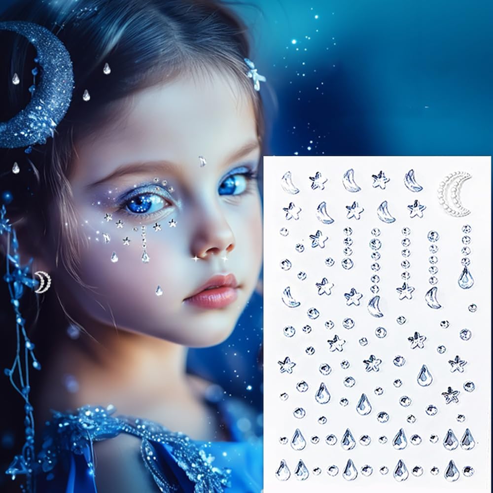 Tear Eye Corners Face Jewels Star Bindi Rhinestone Festival Face Gems Tattoo Decorations Jewels Body Glitter Crystal Sticker Temporary Face Tattoo for Festival Rave Outfit, 2-Pack