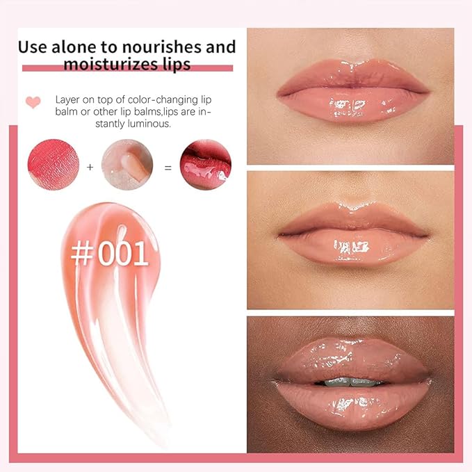 Plumping Lip Oil, Hydrating Gloss Tinted Lip Balm Transparent Lip Care, Big Brush Head Glitter Shine, Long Lasting Nourishing Non-sticky Fresh Texture(PINK)