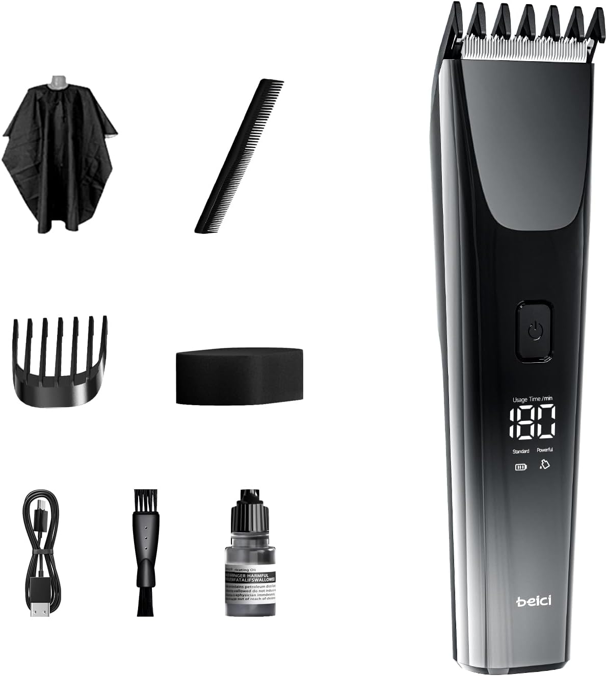 Hair Clippers for Men and Kids Adjustable Length Trimmer Haircut Professional Haircuts Tool Grooming 6 Kit LED Screen Display Fast Charge for Family Black