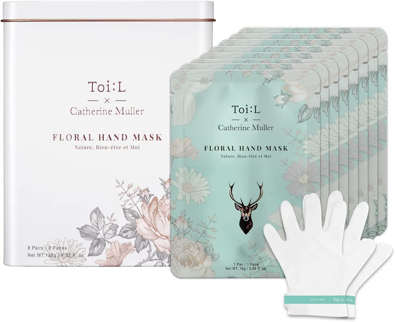 Catherine Muller Floral Hand Mask 8 Pairs, Moisturizing Gloves for Dry Hands with Elder Flower & CICA, Repairing and Nourishing Hand Care Treatment for Cracked, Rough, and Dry Skin, Stocking Stuffers