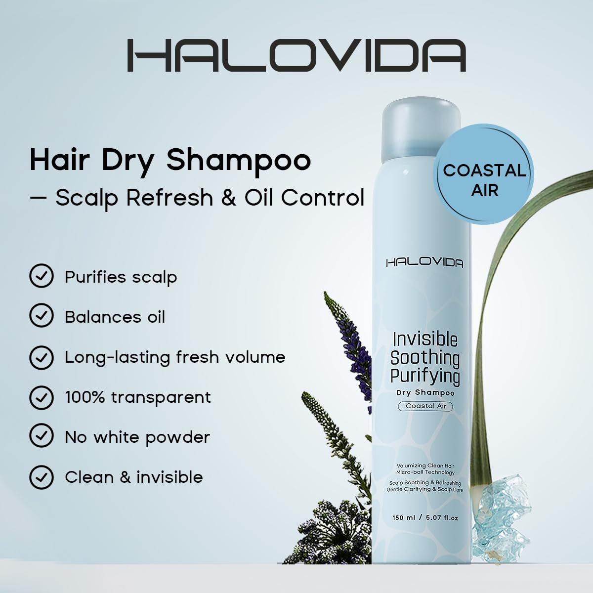 HALOVIDA Dry Shampoo for Women, Dry Shampoo Spray for All Hair Leaves No White Residue, Absorb Oils, Volumizing & Refresh Hair for 72 Hours, 5.07 Fl Oz (Coastal Air)