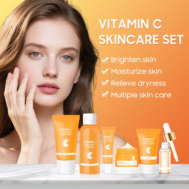 6 Pcs -Vitamin C Skincare Set for Face - with Cleanser, Serum, Eye Cream, Moisturizer, Sunscreen & Toner | Brightening, Hydrating& Anti-Aging,Perfect for Teens & Girls,Moisturizing Face Skin Care Kit
