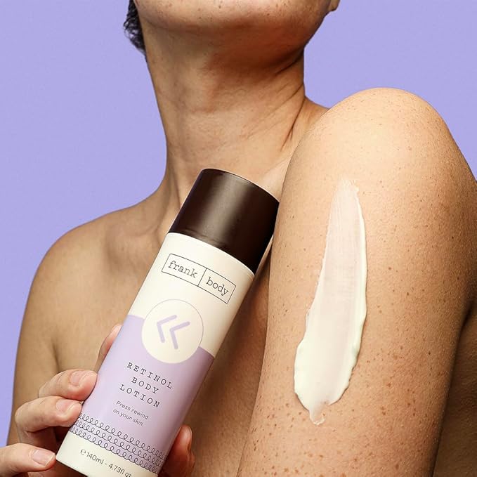 frank body Retinol Body Lotion | Vegan, Cruelty Free Anti-Aging Body Moisturizer | Reduce Appearance of Fine Lines & Hyperpigmentation with Retinol, Peptides & Berry Extracts | 4.73 fl oz / 140 mL