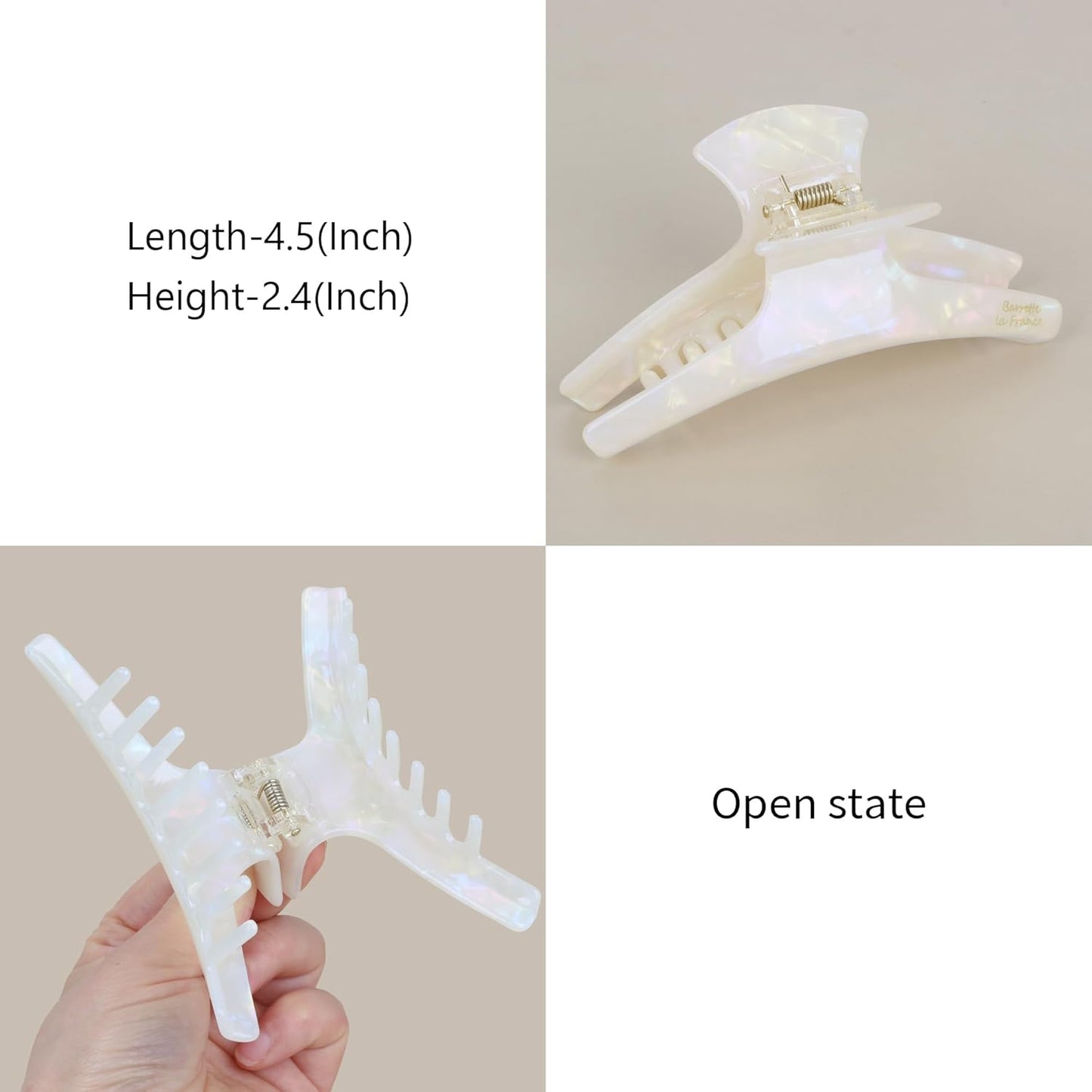 FAELBATY Big Hair Claw Clips Banana Claw Clip 4.5" Claw Clip for Thin and Medium Volume Hair Tortoise Barrettes Celluloid French Butterfly Jaw Clips Hair Accessories for Women Girls (White)