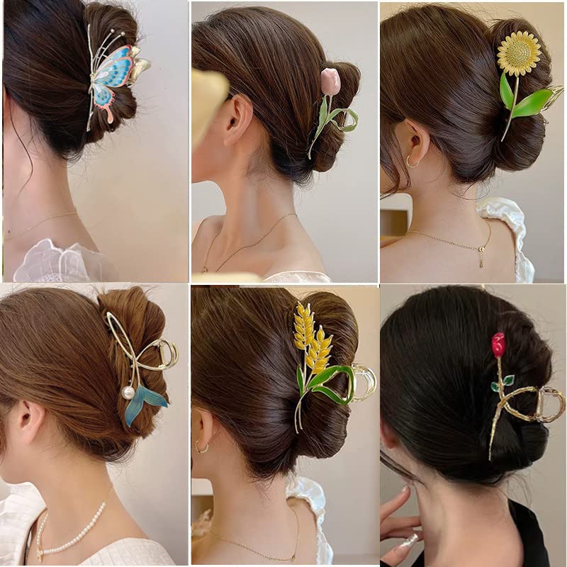 Flower Metal Hair Claw Clips 6 Pcs Cute Large Tulip Hair Claw NonSlip Hair Barrettes Strong Hold Hair Clamps Fashion Hair Accessories for Woman Girls with Long Thick Thin Curly Hair (D Style)