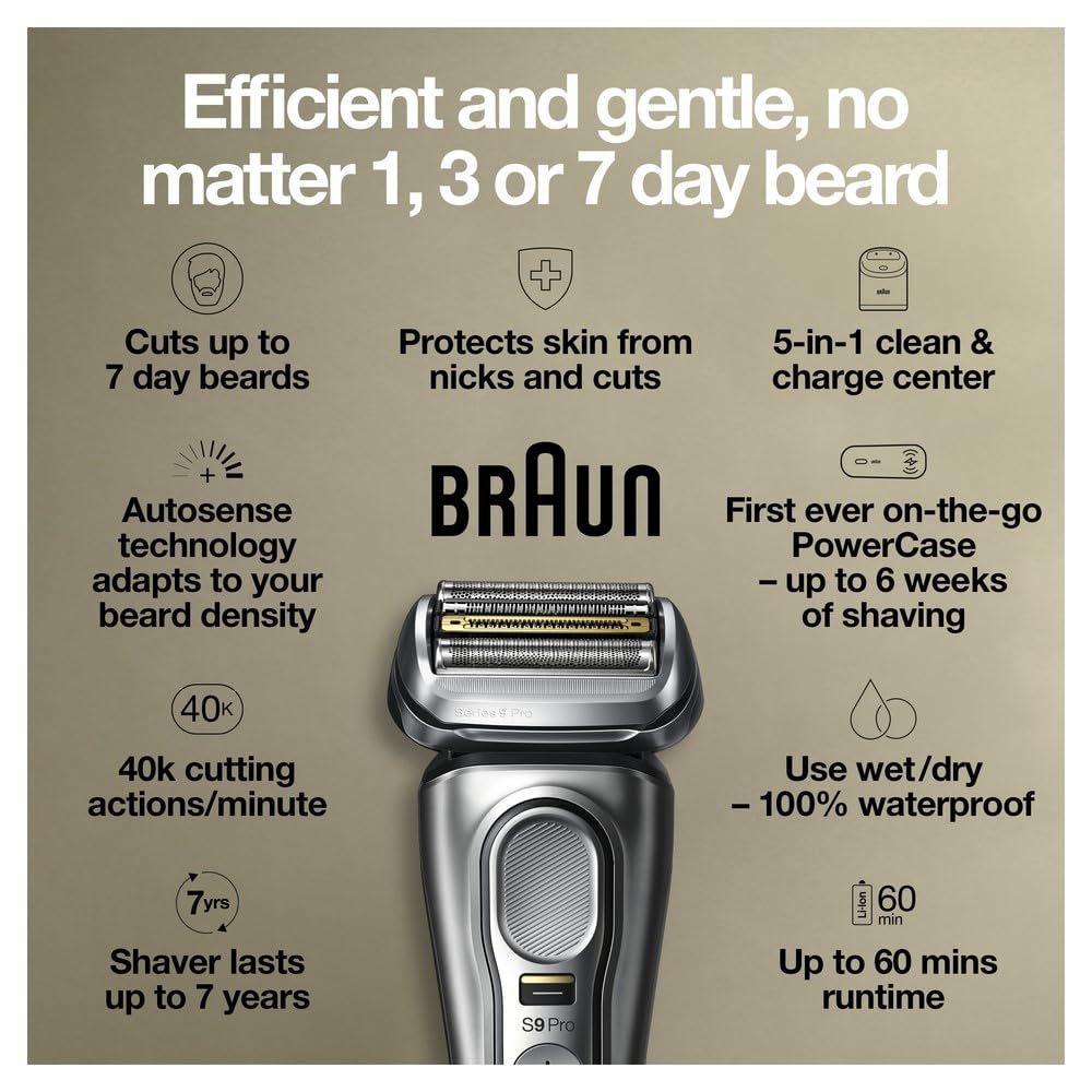 Braun Electric Razor for Men, Waterproof Foil Shaver, Series 9 Pro 9477cc, Wet & Dry Shave, with Portable Charging Case, ProLift Beard Trimmer, 5-in-1 Cleaning & Charging SmartCare Center, Silver
