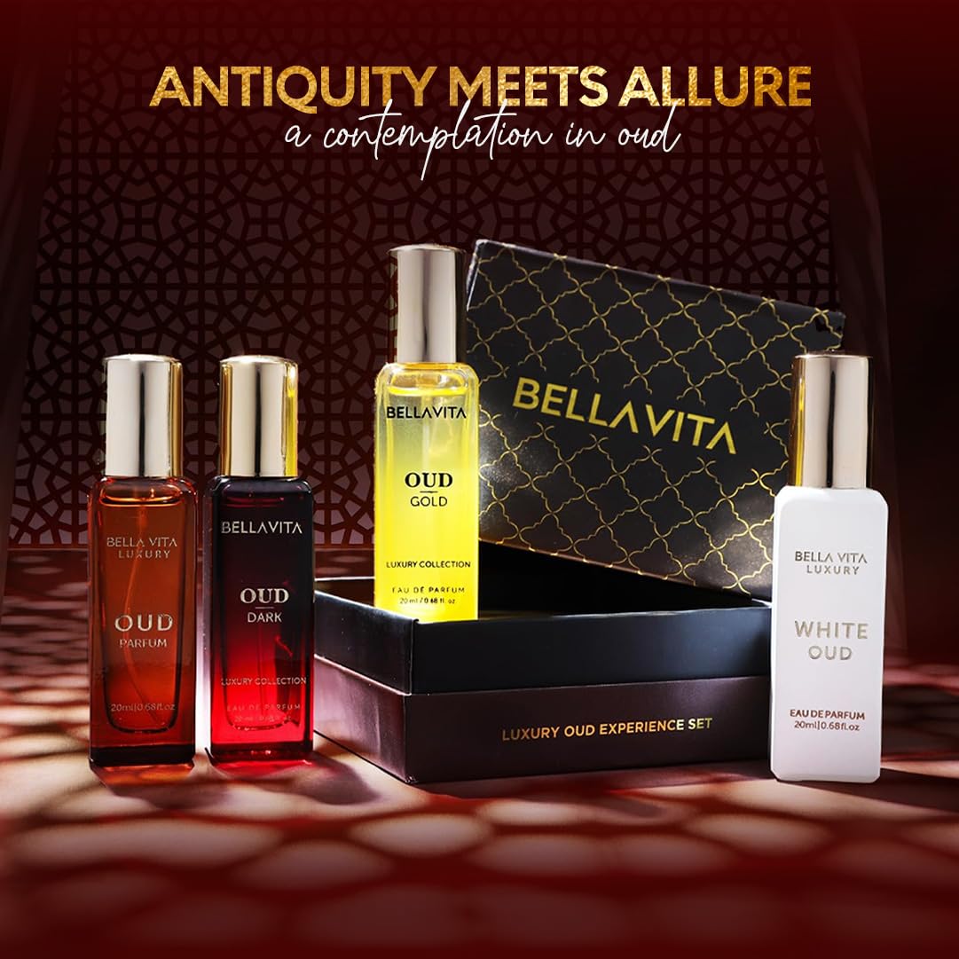 BellaVita Luxury OUD Experience Gift Set (4x20ml) – Premium Arabic Unisex Perfumes | Includes Gold, Dark & White OUD | Notes of Caramel, Orris, Vetiver & Citrus