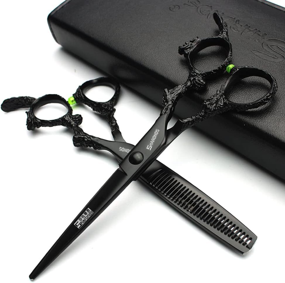 6 inch hair stylist barber scissors black plate dragon 440C hairdressing cutting scissors+thinning scissors (6 inch 2PC)