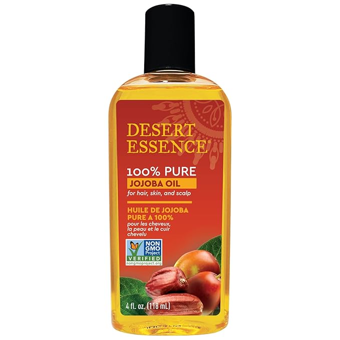 Desert Essence 100% Pure Jojoba Oil – 4 Fl Oz Moisturizer for Hair, Skin & Scalp | Makeup Remover & Aftershave Hydrator, Non-GMO, Vegan, Cold-Pressed, Anti-Flakiness & Non-Clogging Beauty Elixir