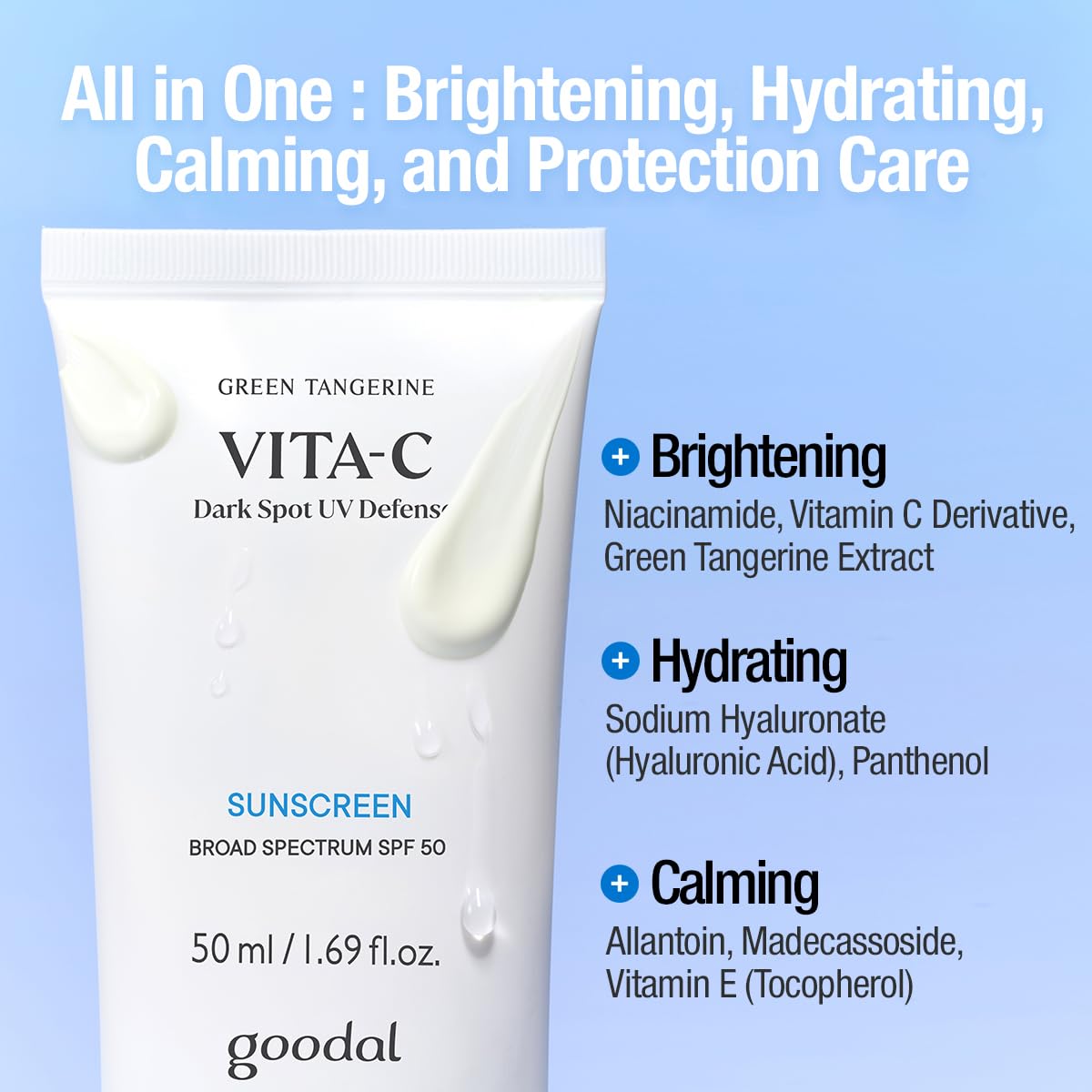 Goodal Green Tangerine Vita-C Dark Spot UV Defense Sunscreen SPF 50, Daily Skin Care Korean Sunscreen for Face, Broad spectrum, No White Cast (1.69 fl oz / 50ml)