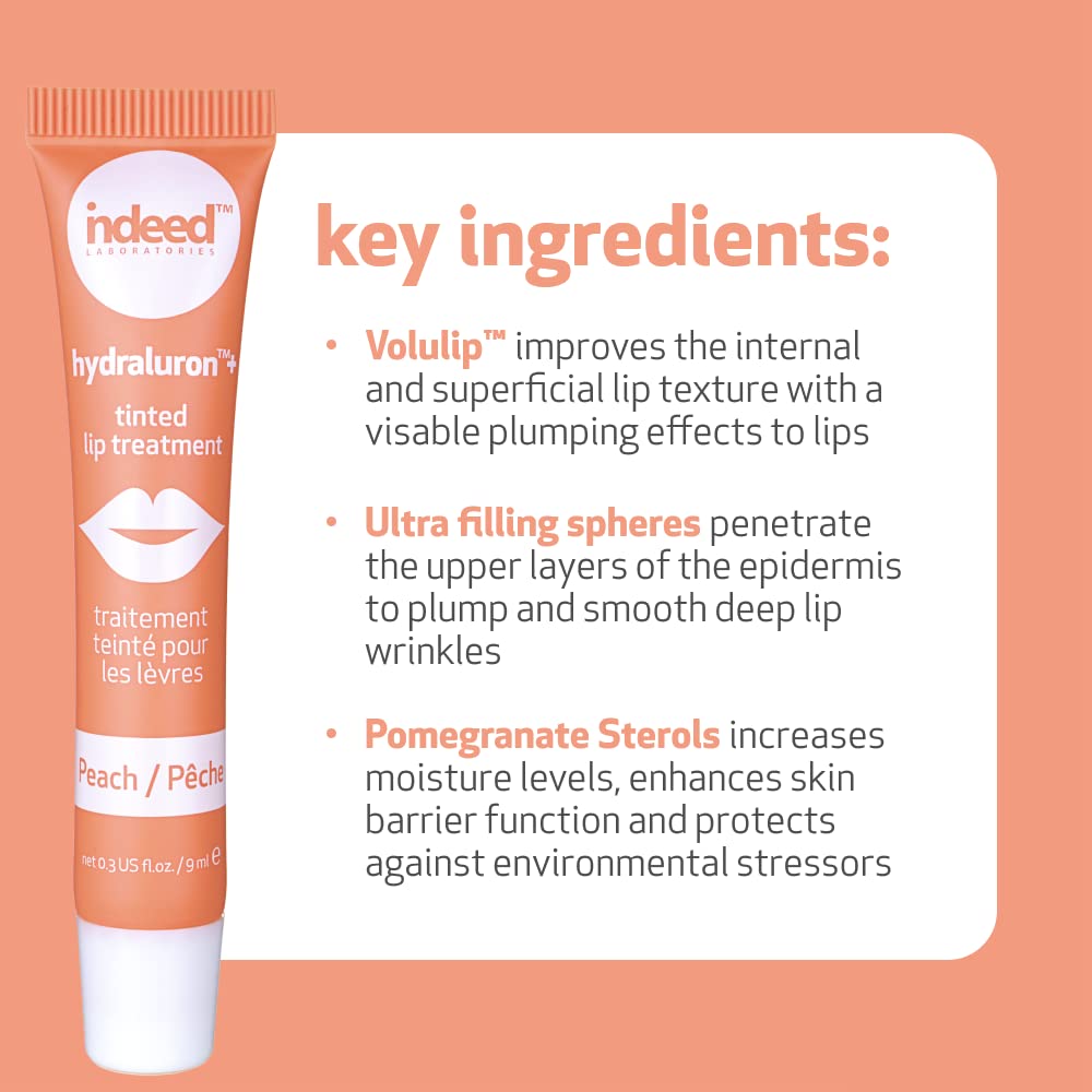 INDEED LABS Hydraluron + Tinted Lip Treatment, Hydrating Anti-Aging Lip Balm Treatment for Smooth Lips with Natural, Subtle Color, 9ml (Peach)