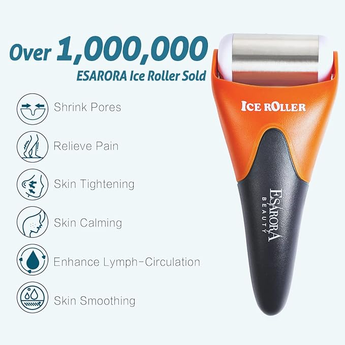 ESARORA Ice Roller for Face & Eye, Puffiness, Migraine, Pain Relief and Minor Injury, Skin Care Products - Black Orange (1 Plastic Roller & 1 Stainless Steel Roller)