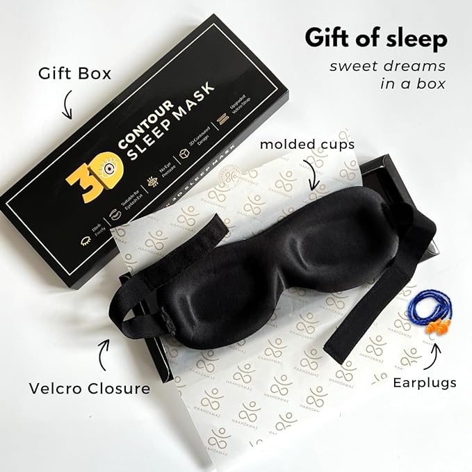 3D Contoured Eye Mask for Sleeping | Sleep Mask for Side Sleepers | Eyelash Extensions with Velcro Closure | Shade Cover | Eye Sleeping Mask | Flight Essential | Black | Concave Molded