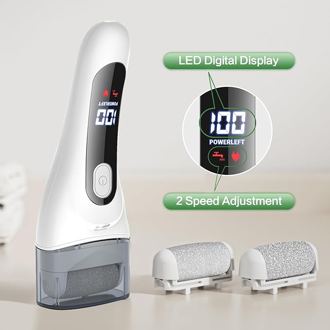 Electric Foot Callus Remover, LED Light & Display Electric Foot File, Rechargeable Waterproof Electric Foot Filer, 3 Replacement Rollers & USB-C Charging Foot Sanders for Feet White