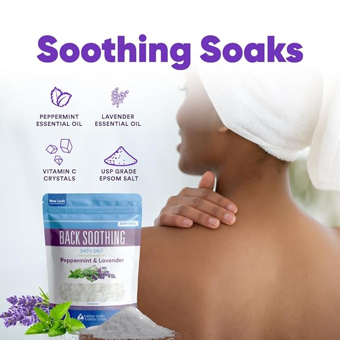 Back Soothing Bath Salt 32 Ounces Epsom Salt with Natural Bergamot, Lavender, Eucalyptus and Peppermint Essential Oils Plus Vitamin C in BPA Free Pouch with Easy Press-Lock Seal