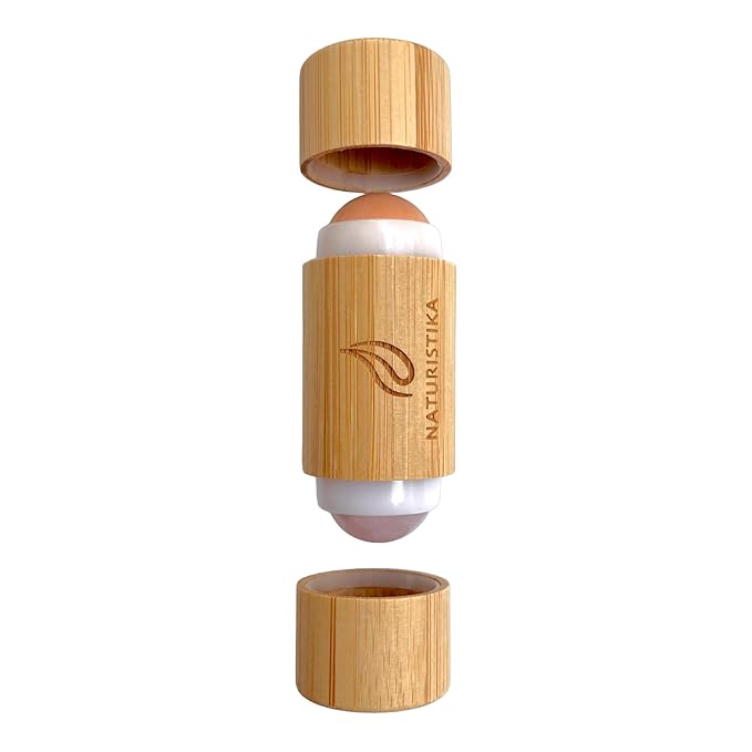 Double head Face Roller with Rose Quartz + Volcanic Stone. Bamboo Face Roller Oil Absorbing Roller with Natural Quartz Face Eye Roller Massager. 1 count.
