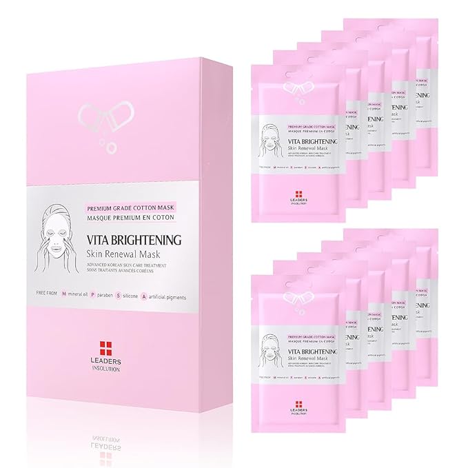Leaders Insolution VITA Brightening Skin Renewal Mask | Vitamin C & Niacinamide for Dark Spot Reduction and Luminous Glow | 100% Natural Cotton Sheet for Dull Skin (10 Sheets)